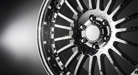 3d rendering of alloy wheel on a black background with some reflectionの素材