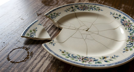 Broken ceramic plate on a wooden table. The concept of broken dishes.の素材