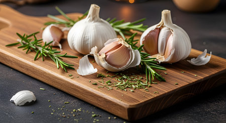 Garlic and rosemary on a wooden board on a dark backgroundの素材