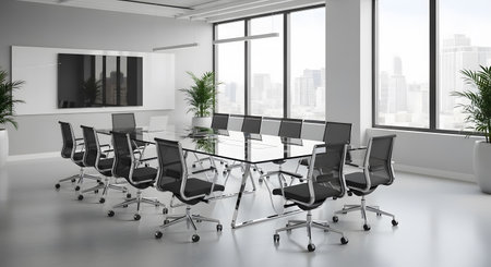 Interior of modern conference room meeting room with white walls, concrete floor, long white computer tables with black chairs and city view. 3d renderingの素材