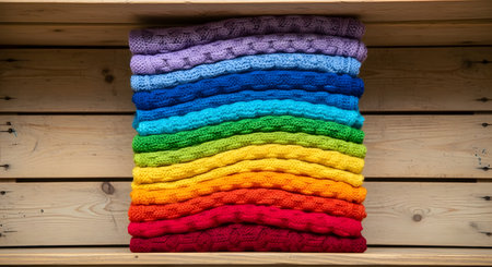 A stack of multicolored knitted blankets on a wooden shelfの素材