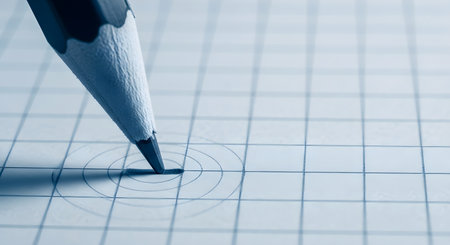 Pencil on graph paper. Blue color. Selective focus.の素材
