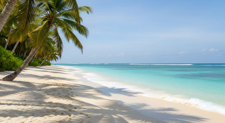 Panoramic view of beautiful tropical beach with palm trees and white sandの素材
