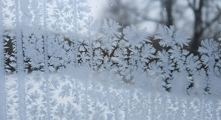 Frosty natural pattern on winter window glass. Winter background.の素材
