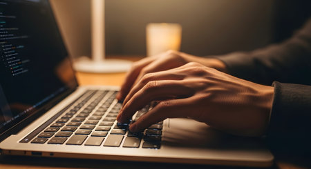 Close-up of female hands typing on laptop keyboard at home officeの素材