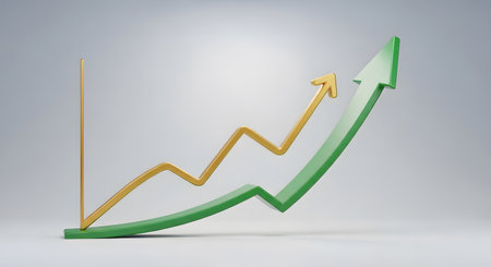 3d rendering of a business graph with green arrow on white backgroundの素材