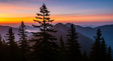 Foggy sunrise in the Carpathian mountains, Ukraine.の素材