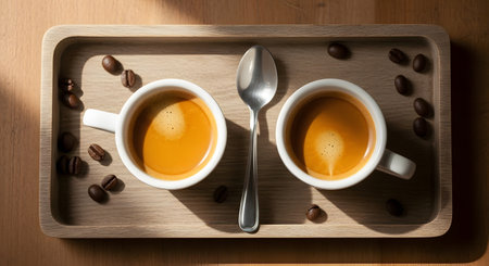 Two cups of coffee on a wooden tray with coffee beans and spoonの素材