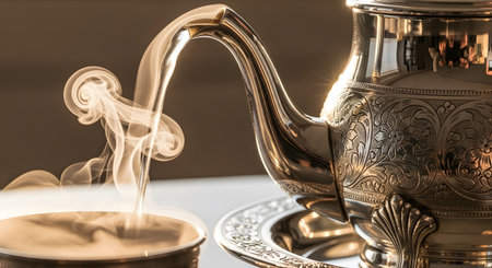 teapot and cup of coffee with smoke on a white tableの素材