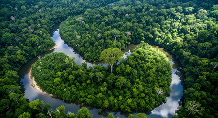 Aerial view of the river in the green forest. Top view.の素材