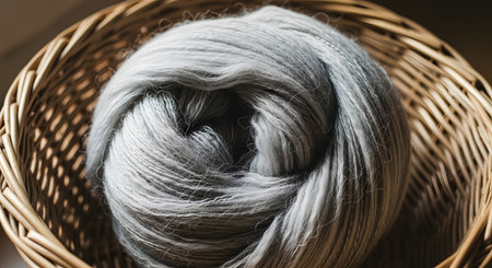 Gray wool yarn in a wicker basket, close-up.の素材
