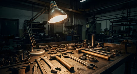lamp and tools on the table in the workshop. industrial backgroundの素材