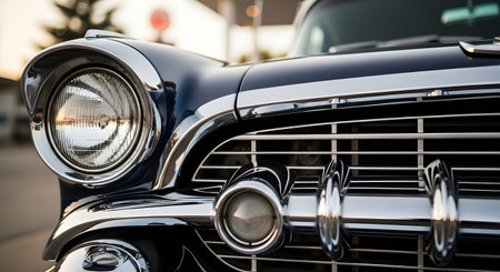 Close up of the hood and headlights of a vintage car.の素材