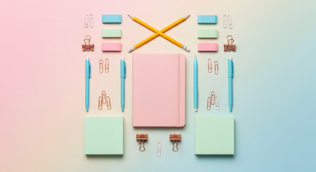 School supplies on a pastel background. Back to school concept.の素材