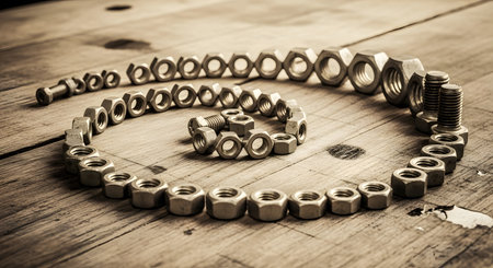 Steel nuts and bolts on a wooden background. Selective focus. Shallow depth of field. Toned.の素材