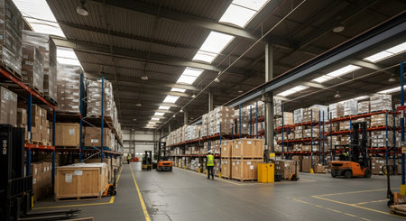 Interior of a warehouse with shelves full of boxes and other goodsの素材