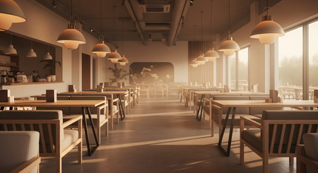 Interior of a modern cafe with tables and chairs, 3d renderの素材