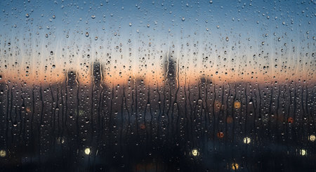 Rain drops on the window with a view of the city at sunsetの素材