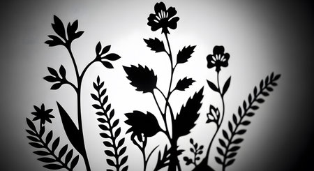 Silhouette of leaves and flowers. Black and white illustration.の素材