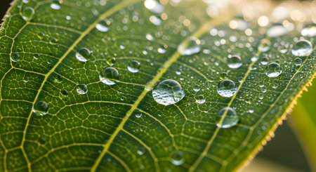 Water drops on green leaf macro close up. Natural background with copy space.の素材