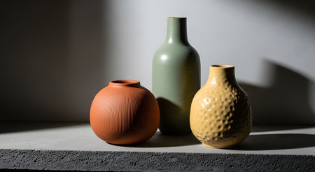 Ceramic vases on the shelf in the light of the windowの素材