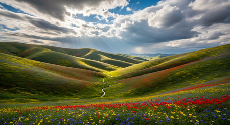 Beautiful spring landscape with poppies and cornflowers in the mountainsの素材