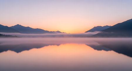 Beautiful sunrise at the lake with fog and mountains in the backgroundの素材