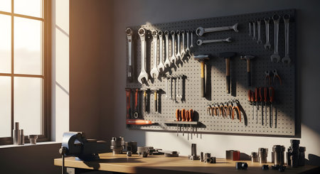 Repair and renovation concept. Wrench and tools on shelf in workshop. 3D Renderingの素材