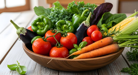 Fresh vegetables in a wooden bowl on a wooden table. Healthy food.の素材