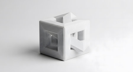 3d rendering of a white cube isolated in white studio background.の素材