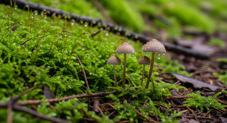 Mushrooms in the forest after rain. Shallow depth of fieldの素材