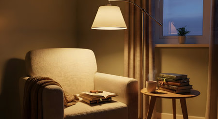 Comfortable armchair with books and lamp at night. 3d renderingの素材
