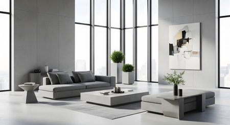 Contemporary living room with white walls, concrete floor, panoramic windows and comfortable sofa. 3d renderingの素材