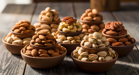 Assorted nuts in bowls on wooden background. Nuts mix.の素材