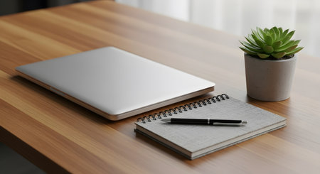 Notebook and pen on a wooden table. 3d rendering.の素材