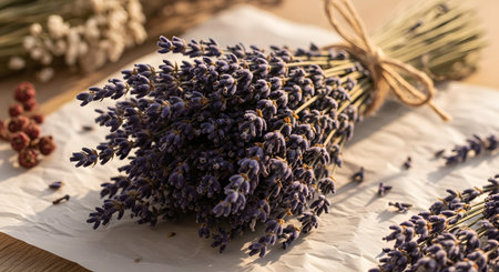 Bouquet of dried lavender flowers on a wooden table.の素材