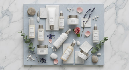 Flat lay composition with cosmetic products and natural ingredientsle backgroundの素材