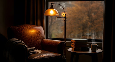 Lamp and books on a table by the window in the eveningの素材