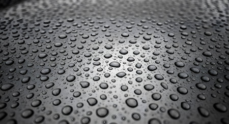 Water drops on metal surface. Black and white background. Abstract texture.の素材