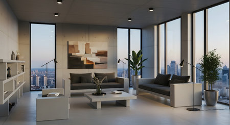Modern living room with panoramic window overlooking the city 3D renderingの素材