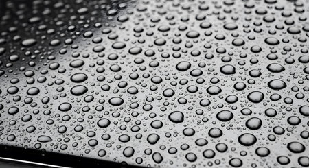 Water drops on the black surface of a car. Abstract background.の素材