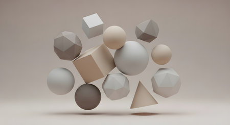 Abstract 3d rendering of geometric shapes, balls and cubes in gray backgroundの素材
