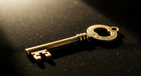 Golden key on a black background. Shallow depth of field.の素材