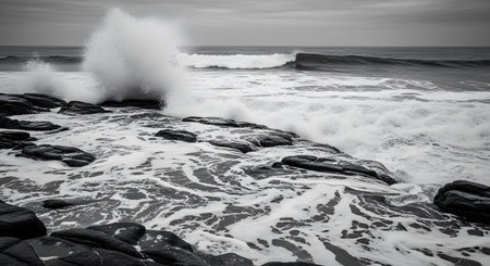 Black and white image of a stormy ocean waves crashing on the rocks.の素材