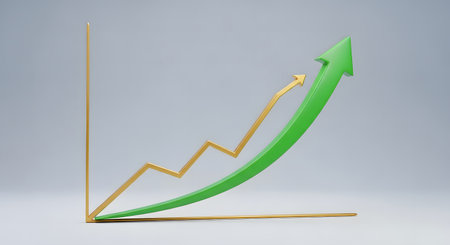 Business graph with a green arrow on a gray background. 3d renderingの素材