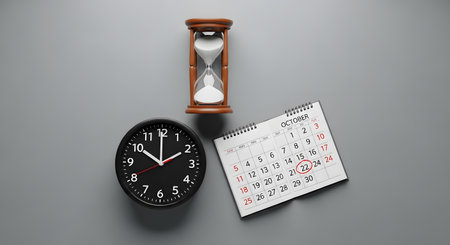 3d rendering of clock and calendar with hourglass on gray backgroundの素材