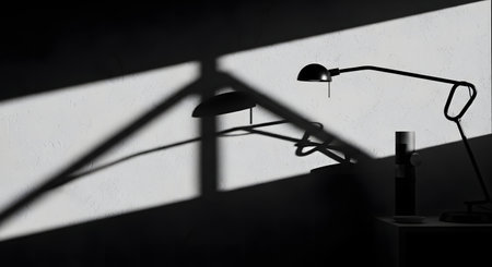 Silhouette of a table lamp on a white wall background.の素材