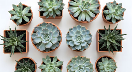 Top view of small succulent plants in pots on white background.の素材