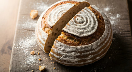 Freshly baked homemade sourdough bread with icing sugar on wooden background.の素材