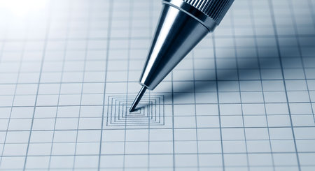 Close-up of a pen on a checkered sheet of paperの素材